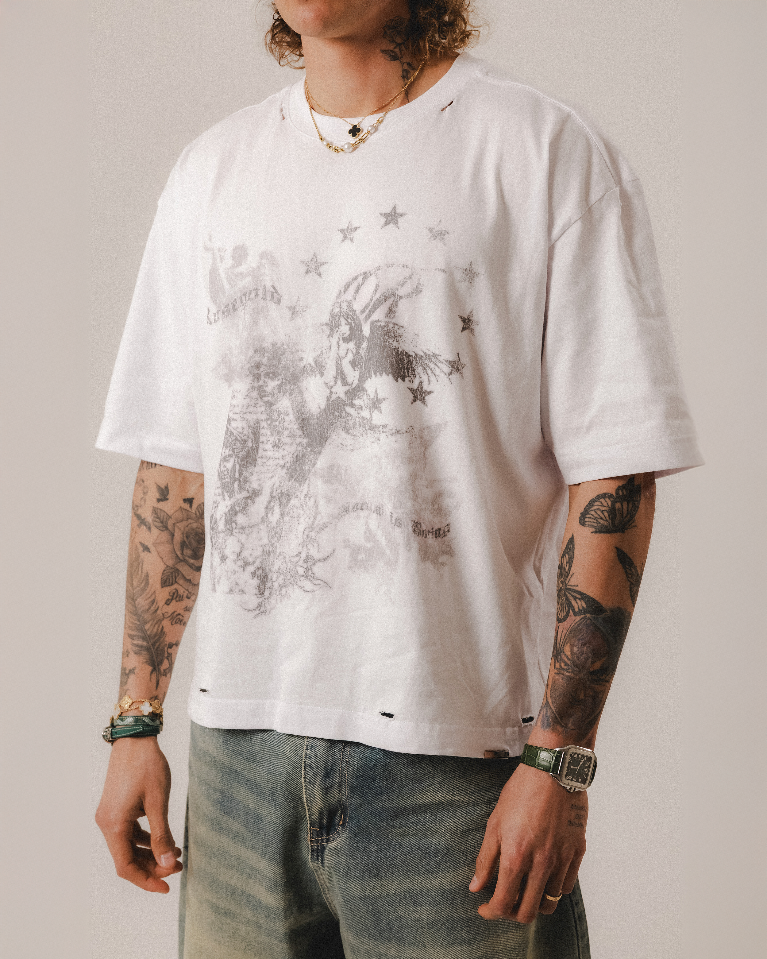 ROSEGOLD X RM RIPPED WHITE T-SHIRT